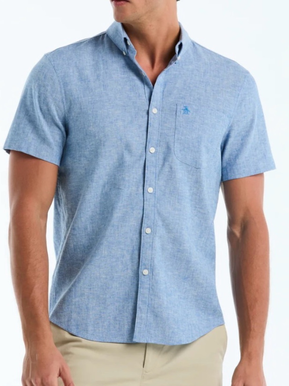 Original Penguin Light Blue Linen Blend Button-Down Shirt Preppy Coastal Cali